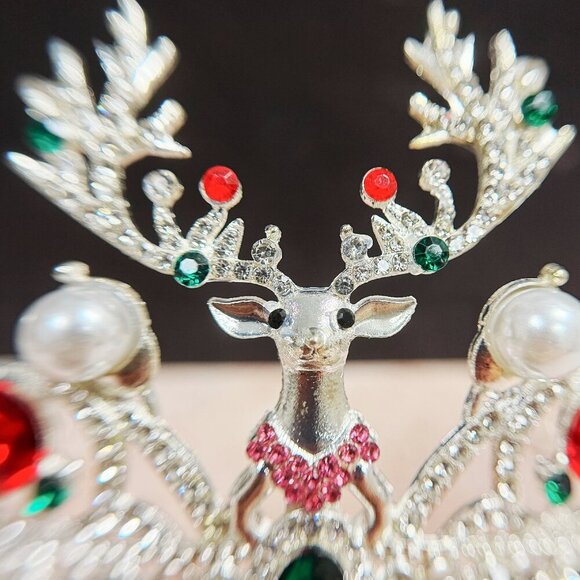 Festive Holiday Crown, Christmas Headband, Silver Tiara Crown, Reindeer Crown - Picture 2 of 8